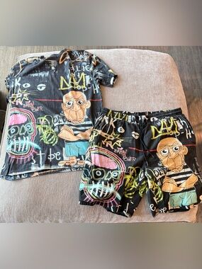 Tango Hotel Black Graphic Tee & Shorts Set with Neon Skull and Cartoon Character